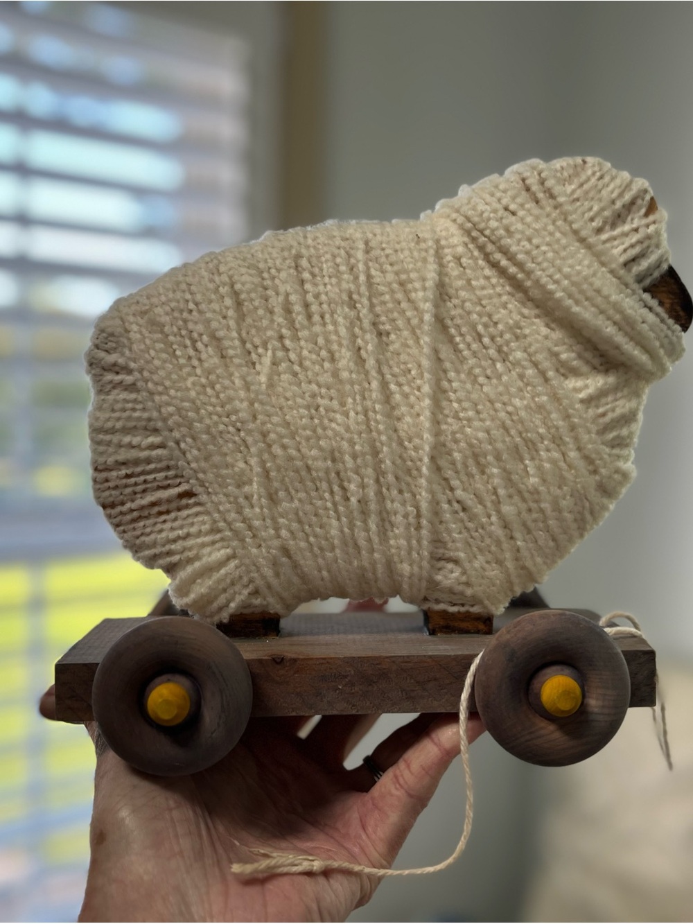 Handcrafted Wool-Covered Sheep Pull Toy - Cream